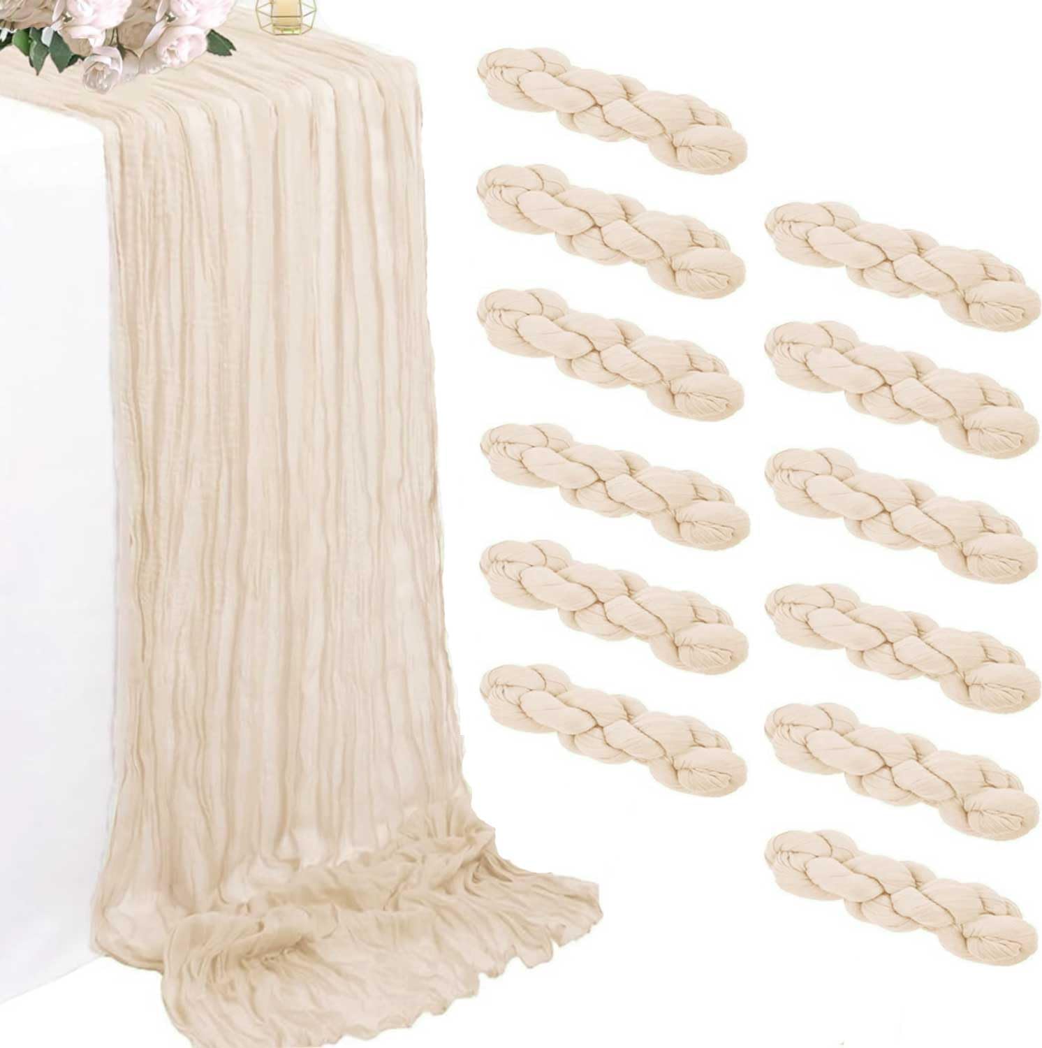 Photo 1 of 12 Pack Beige Cheesecloth Table Runners 35 x 120 Inch – Rustic Boho Gauze Table Runner for Wedding Arch, Party Decoration, Bridal Shower, Reception, Farmhouse Dining Decor