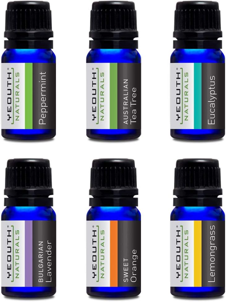 Pure Essential Oils Aromatherapy, Peppermint, Lavender, Tea Tree, Eucalyptus, Sweet Orange & Lemongrass Oil Diffusers Set by YEOUTH, Set of 6