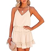 Newffr Womens V Neck Summer Mini Dress Sleeveless Ruffle Spaghetti Strap Racerback Flowy Beach Vacation Sundresses