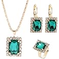 Generic Jewelry Set Imitation Crystal Crystal Necklace Earrings Ring Set Vintage Pendant Jewelry Three-Piece Set Gifts For Women,Green Cost-Effective And Durable