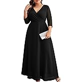 ZOMVA Plus Size Maxi Formal Dress Lace Chiffon Floral V-Neck Wrap Wedding Guest Evening Gown Cocktail Prom 3/4 Sleeves