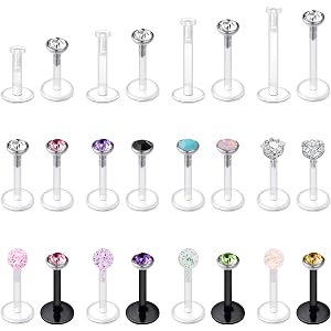 JFORYOU 16G 24Pcs Clear Lip Labret Medusa Piercing Studs Jewelry Flat Plastic Back Lip Rings Retainer Push Fit Bioflex Pierci
