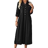 loveimgs Women Casual Button Down High Waist Midi Denim Dress V Neck Pleated Shirt Jean Dress A Line Long Sleeves Pockets