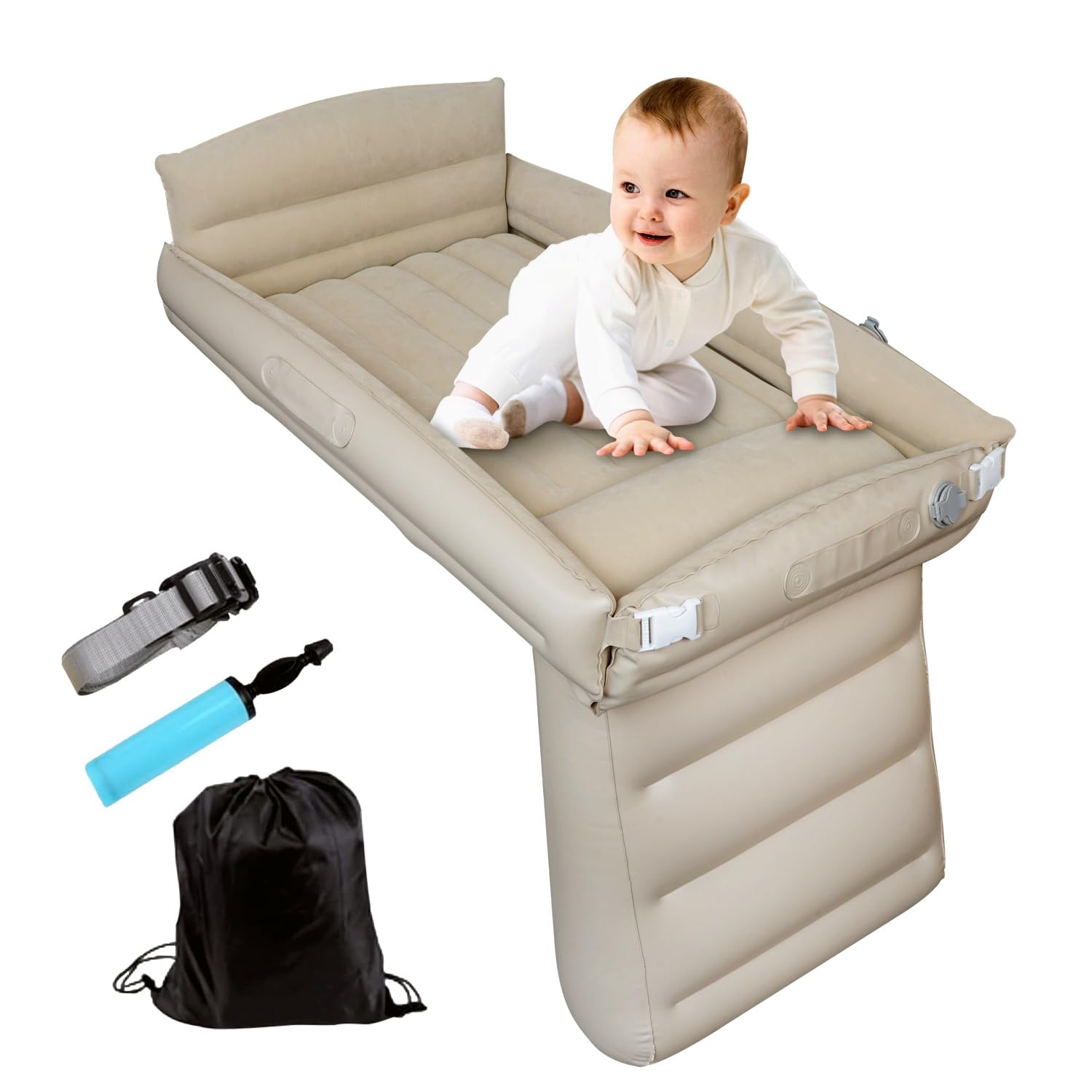 Photo 1 of Sunlisky Inflatable Toddler Airplane Bed - Baby Travel Bed for Airplane Car - Airplane Seat Extender for Kids Portable Crib with Rails Sides Hand Pump Safety Belt and Carry Bag Sets (New Grey)