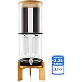 Gravity-Fed Water Filter System, Glass water filter, Glass Countertop Water Filtration Dispenser, with Wooden Stand and 2 Filters, 2.25 Gallon，for Home and Office