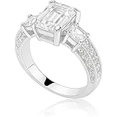 FAIRY COUPLE 2.5ct Three-Stone Emerald Cut Engagement Ring for Women, Vintage Art Deco 18K White Gold Plated Simulated Diamond Ring, Travel Replacement Ring R23