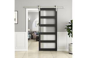 BARNSMITH 36in x 84in Glass Barn Door with 6.6FT Nickle Sliding Door Hardware Included, 5-Panel Frosted Glass Sliding Barn Door, Solid Wood Covered with Water-Proof PVC Surface, Easy Assembly, Black