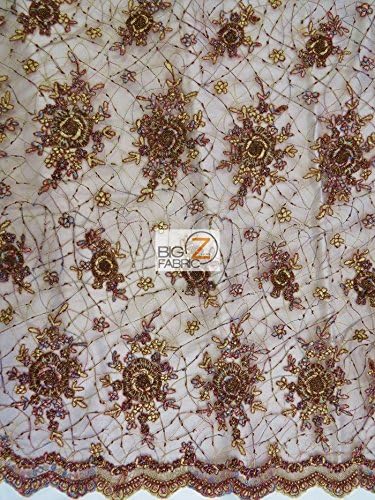 EXOTIC FLORAL HAND BEADED LACE FABRIC - Brown - 52"/54" WIDTH SOLD BY THE YARD