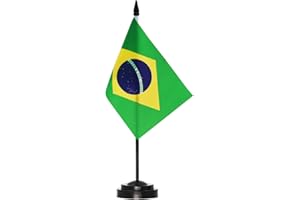Anley Brazil Deluxe Desk Flag Set - 6 x 4 Inch Miniature Brazilian Desktop Flag with 12" Solid Pole - Vivid Color and Fade Resistant - Black Base and Spear Top
