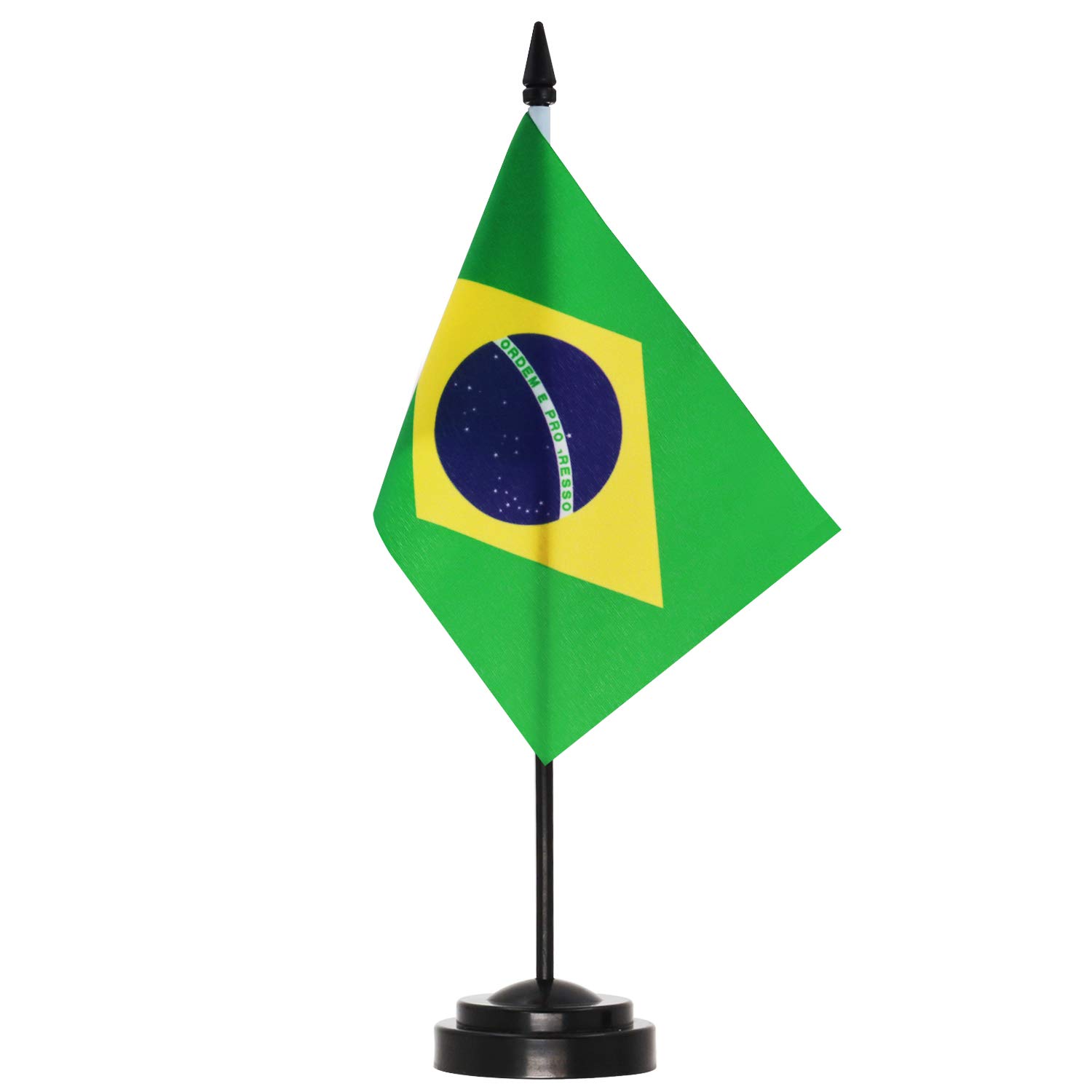 ANLEY Brazil Deluxe Desk Flag Set - 6 x 4 Inch Miniature Brazilian Desktop Flag with 12" Solid Pole - Vivid Color and Fade Resistant - Black Base and Spear Top