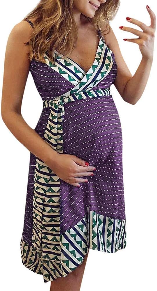 Boho Maternity Dress Women Stripe Printed Backless Dress Sleeveless Dress Loose Dress Pregnant Clothes