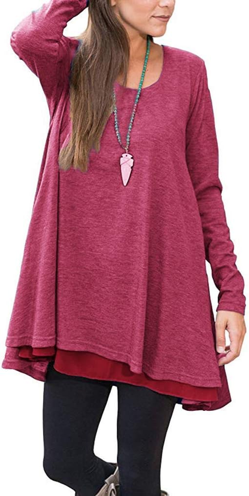 Poetsky Women's Long Sleeve Solid Color Tunic Tops Layered Chiffon Hem Casual Loose Blouse Shirts