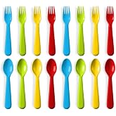 Plaskidy 16 Pc Plastic Toddler Utensils Set - 8 Kids Forks &amp; 8 Kids Spoons, BPA Free/Dishwasher Safe, Brightly Colored Silverware, Great for Toddlers