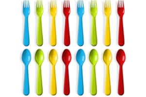 Plaskidy 16 Pc Plastic Toddler Utensils Set - 8 Kids Forks & 8 Kids Spoons, BPA Free/Dishwasher Safe, Brightly Colored Silverware, Great for Toddlers