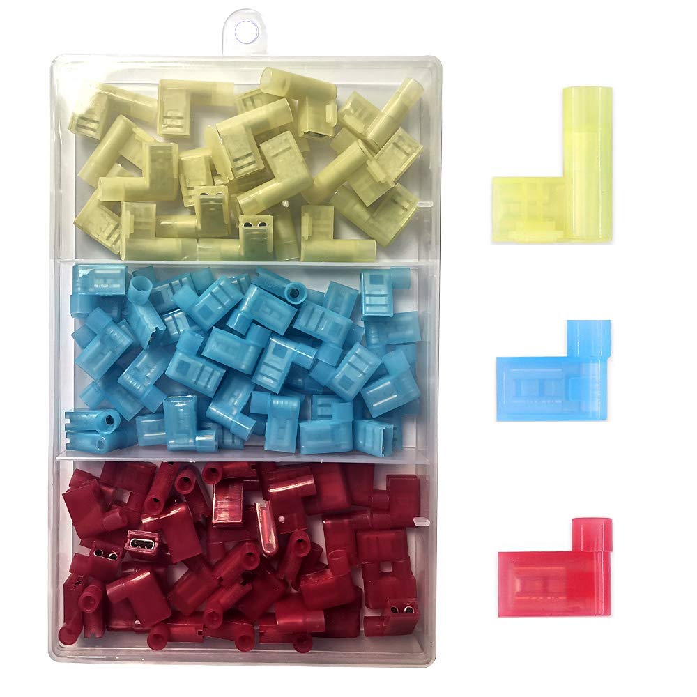 Gebildet 100pcs 90 Degree Nylon Insulated Flag Terminal Female, F Type Wire Crimp Electrical Connector, Full Insulated Female Push On Wire Terminal 12-10 AWG/ 22-14 AWG (Red 40, Blue 40, Yellow 20)