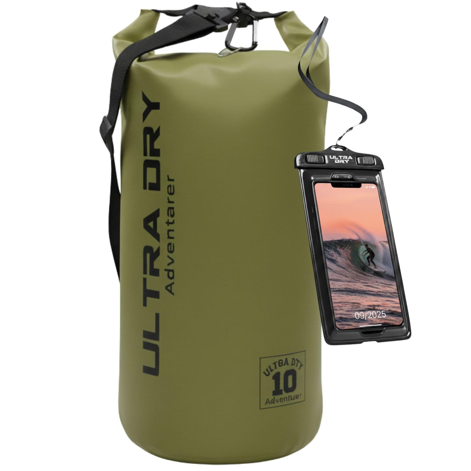 Premium Waterproof Bag, Sack with Phone Dry Bag and Long Adjustable Shoulder Strap Included, Perfect for Kayaking/Boating/Canoeing/Fishing/Rafting/Swimming/Camping/Snowboarding (Green, 10 L)