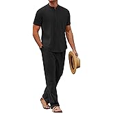 COOFANDY Mens 2 Pieces Cotton Linen Sets Short Sleeve Casual Henley Shirt Summer Beach Pants Lounge Vacation Outfits Set