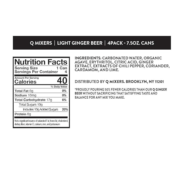 Q LIGHT GINGER BEER WITH REAL GINGER & ORGANIC AGAVE – IDEAL FOR COCKTAILS & MOCKTAILS – MADE WITH REAL INGREDIENTS, PERFECTLY CARBONATED, & LESS SWEET – 40 CALORIES PER CAN – 7.5 FL OZ (PACK OF 24)