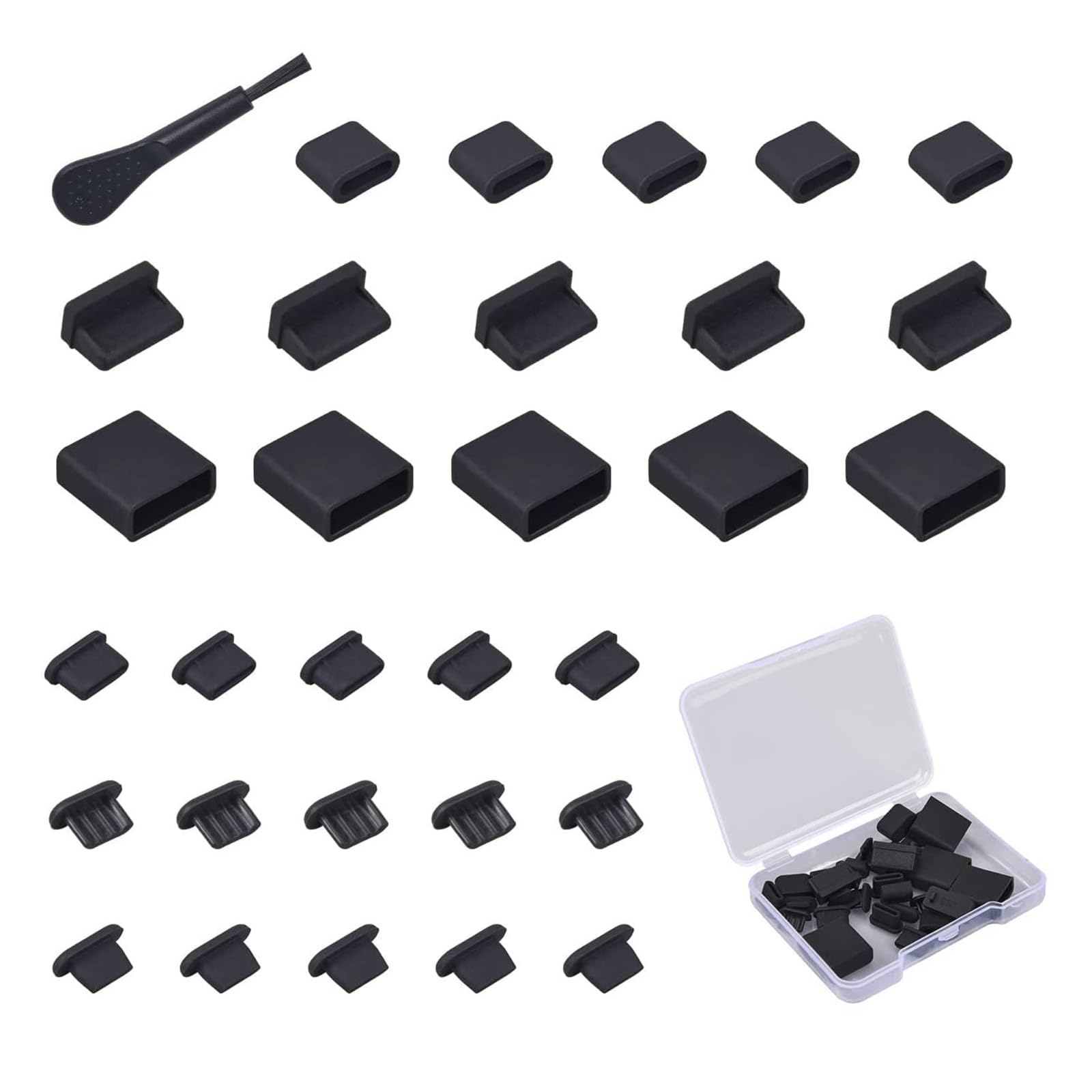 30x USB Dust Cover Port Plugs: Assorted Silicone USB Cap Port Stoppers for USB Type-C, USB C Male, Micro USB, USB A Female & Male Ports, Complete with Cleaning Brush