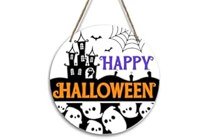 QSSFDGG Halloween Hanging Door Wall Decor Wooden Plaque, Happy Halloween Sign, Haunted House Ghost Pattern, 8 Inch Round Halloween House Decor Hanging Sign, Outdoor Halloween Theme Party Decor Supplies -01