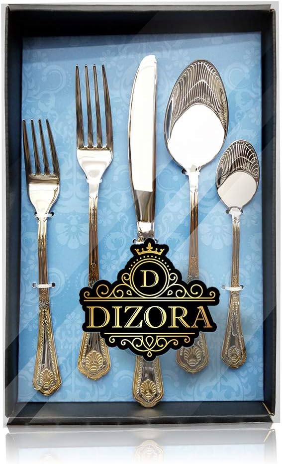 DIZORA 20-Piece Flatware Set for 4, Premium 18/10 Surgical Stainless Steel Silverware, Christmas gift, 24K Gold-Plated Hostess Serving Set (Shell - 20pc)