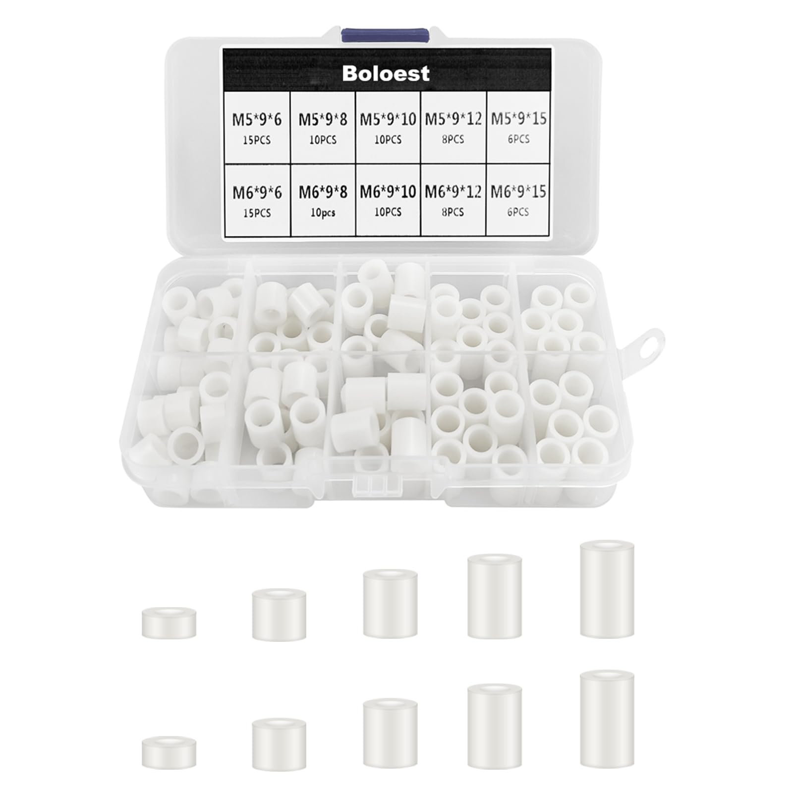98pcs ABS Round Spacer Assortment Kit White Insulation Spacer for M5,M6 Screws Nylon Column Standoff Support Spacer with Plastic Box(White) — image 1