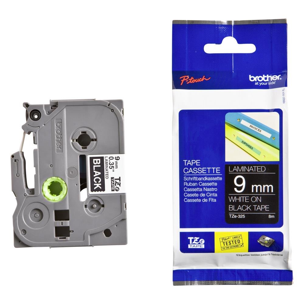 Brother TZe-325 Labelling Tape Cassette, 9 mm (W) x 8 m (L), Laminated, Brother Genuine Supplies - White on Black — image 1