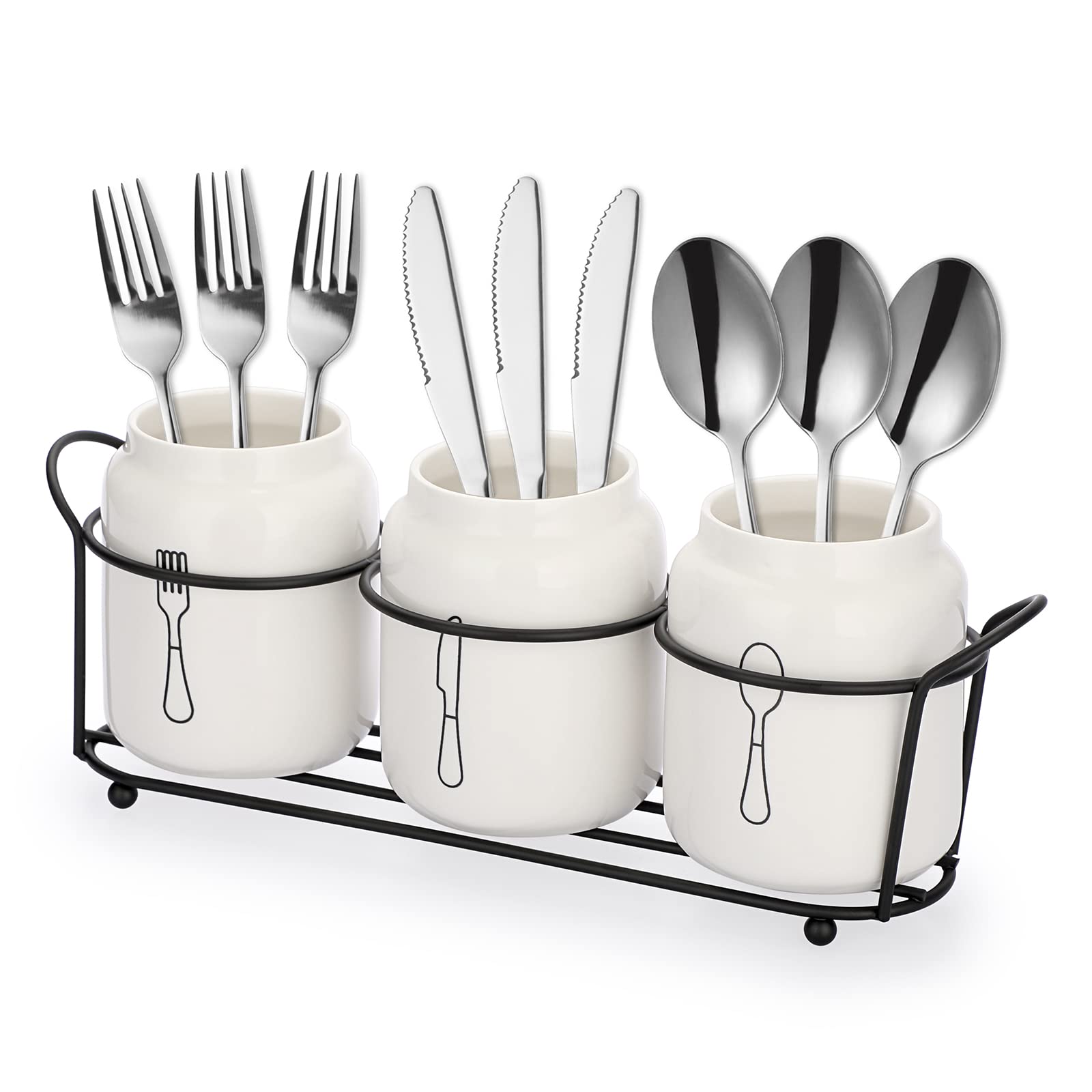 SUMTree 3-Piece Ceramic Silverware with Metal Rack, Utencil Holder Flatware Caddy Spoon Holder Cultery Organizer for Countertop, Kitchen Table, Cabinet or Pantry, White