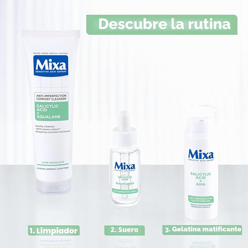 - Gel matificante anti-impurezas com ácido salicílico + AHA – Pele oleosa e acne – Controlo do sebo – Textura leve e refrescante do sorvete – Frasco de bomba antioxidante – 50 ml
