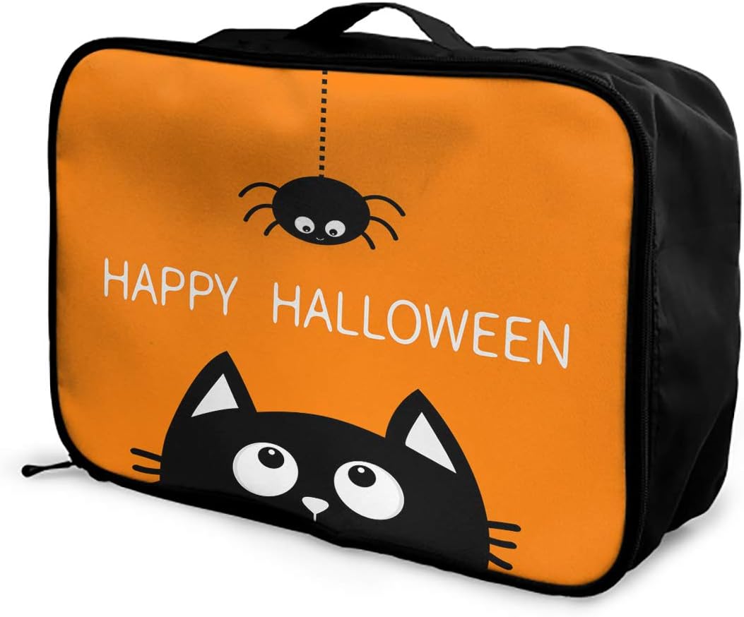 Emvency Travel Portable Foldable Duffel Bag Happy Halloween Black Cat Face Lightweight Waterproof Storage Carry Luggage Tote Bag for Women Men