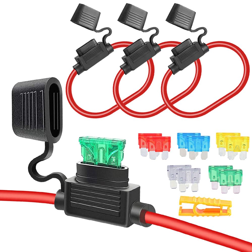 Aiqeer 3 Pieces 32V Medium Inline Fuse Holders, Waterproof Car In-Line Standard Blade Fuse Holder with 16 AWG Wire, Free 10 Pieces Standard Blade Fuses and Fuse Puller
