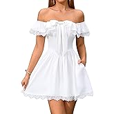 EYNMIN Women's Off The Shoulder Mini Dress Lace Bow Tie Flowy A Line Cute Casual Short Dresses with Pocket