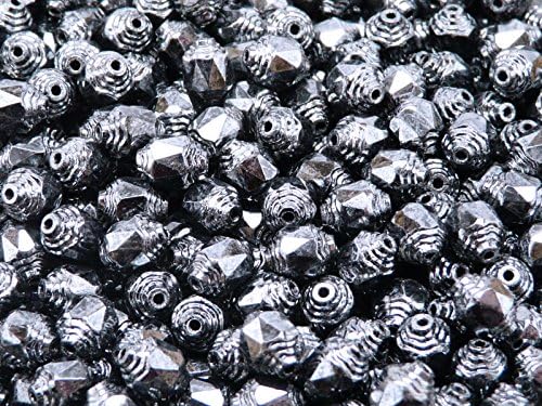 25 Pieces 8x6mm Cathedral Beads - Czech Glass Faceted Fire-Polished Beads in The Form of Olive, Jet Full Hematite