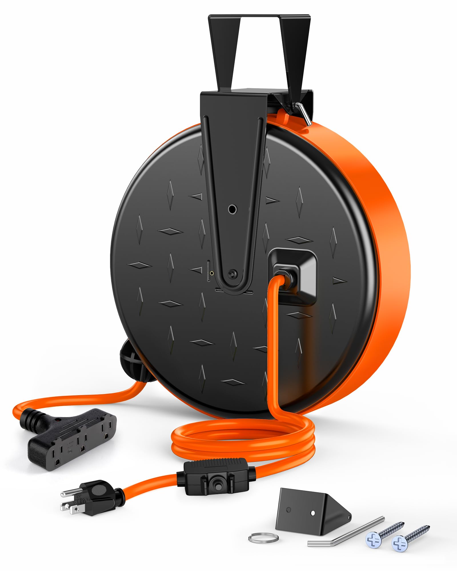 Photo 1 of DEWENWILS 30FT Extension Cord Reel, 16/3 Gauge SJTW Power Cord, Retractable Cord Reel with 3 Outlets, Ceiling/Wall Mount for Garage, Workshop, 10A Circuit Breaker, Metal Plate, UL Listed, Orange