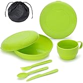 Berglander Camping Mess Kit with Bowl, Plate, Cup, Spoon, Fork, Knife and Carry Bag, Save Space, Easy to Carry, Plastic Campi