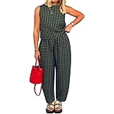 Sotimoon Womens 2 Piece Lounge Sets Cotton Plaid Crop Top High Waisted Baggy Ankle Barrel Pants Gingham Matching Set