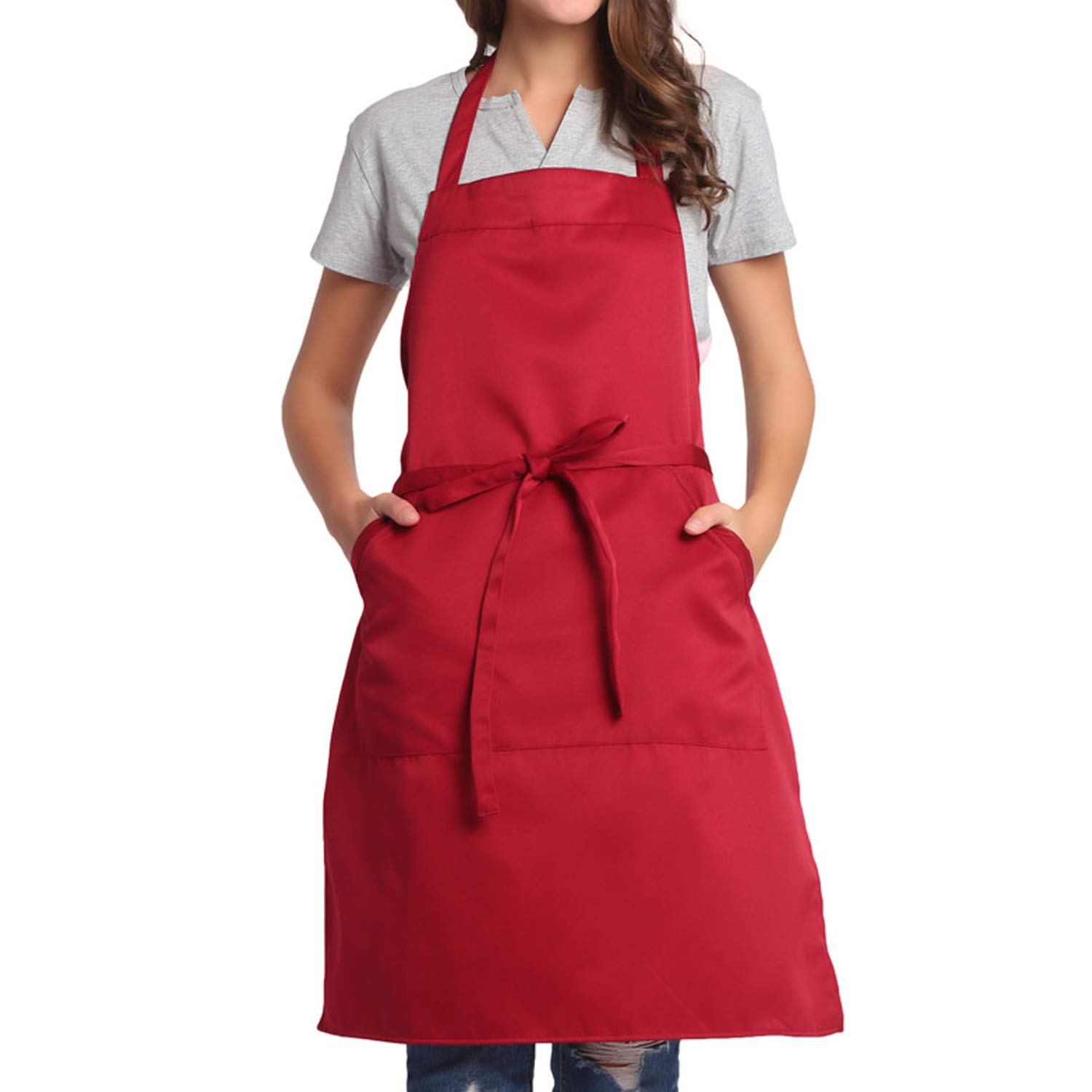 BIGHAS Adjustable Bib Apron with Long Ties for Women Men 18 Colors Chef Kitchen Cooking (Wine Red)