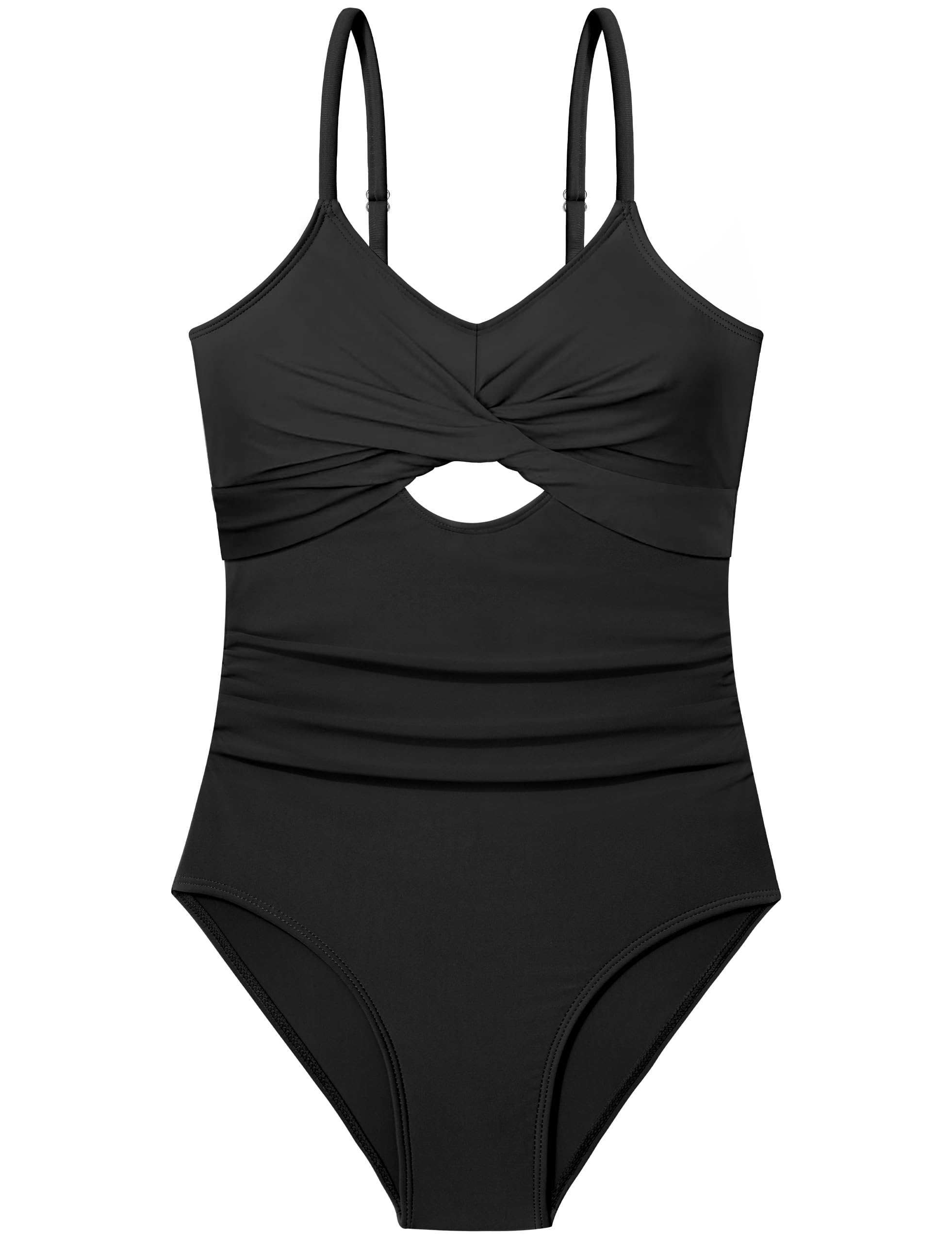 Photo 1 of WIQI Girls Swimsuit One Piece Bathing Suits for Girls Twist Front Cutout Adjustable Straps Ruched Teen Swimwear Trendy Swimsuits Size 12-14 Black