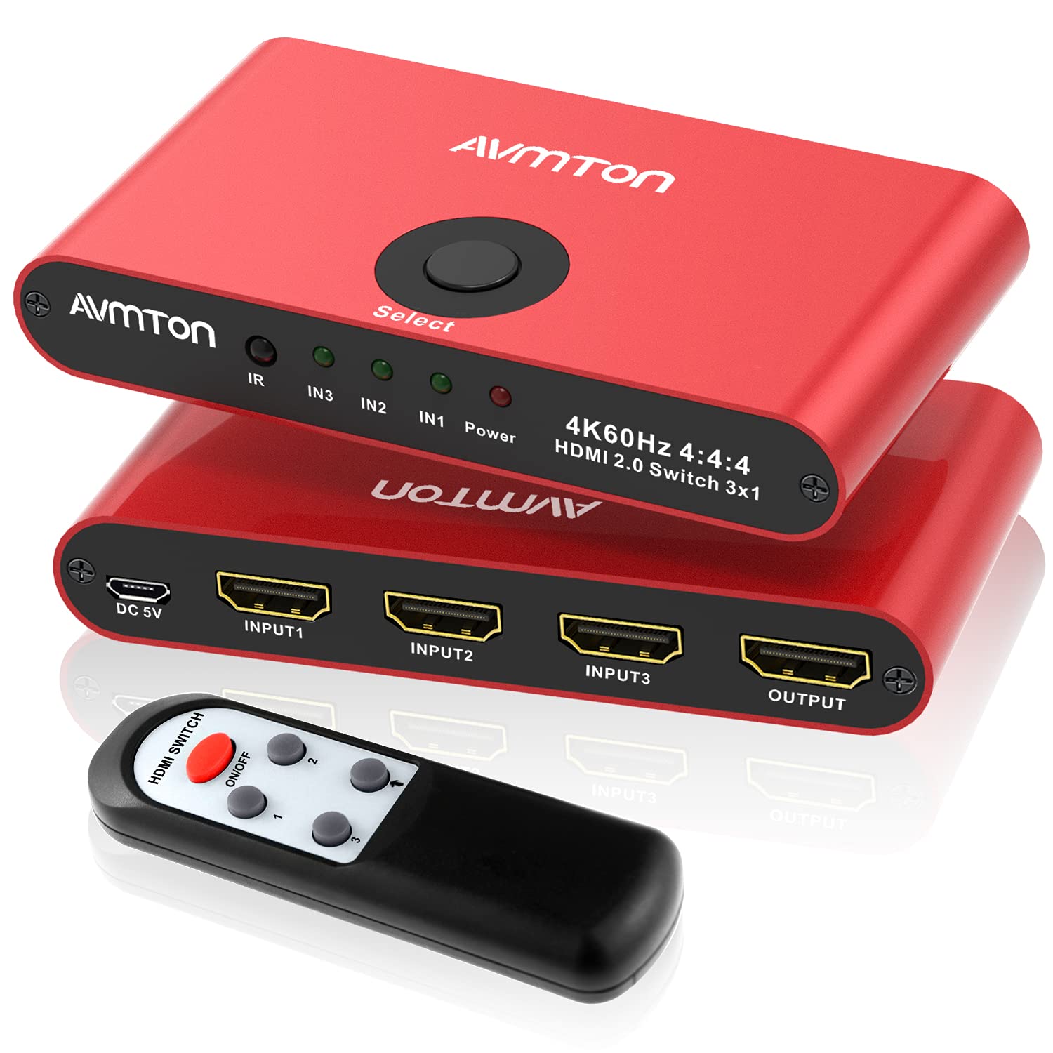 AVMTON 4K HDMI 2.0 Switch 3 Port,HDMI Switcher Splitter 3 in 1 Out,Aluminum Red HDMI Selector Box with Remote Supports 4K@60Hz Ultra HD3D 2160P 1080P for DVD,PS3/4 TV/X Box Fire Stick Blu-Ray Player: Industrial & Scientific