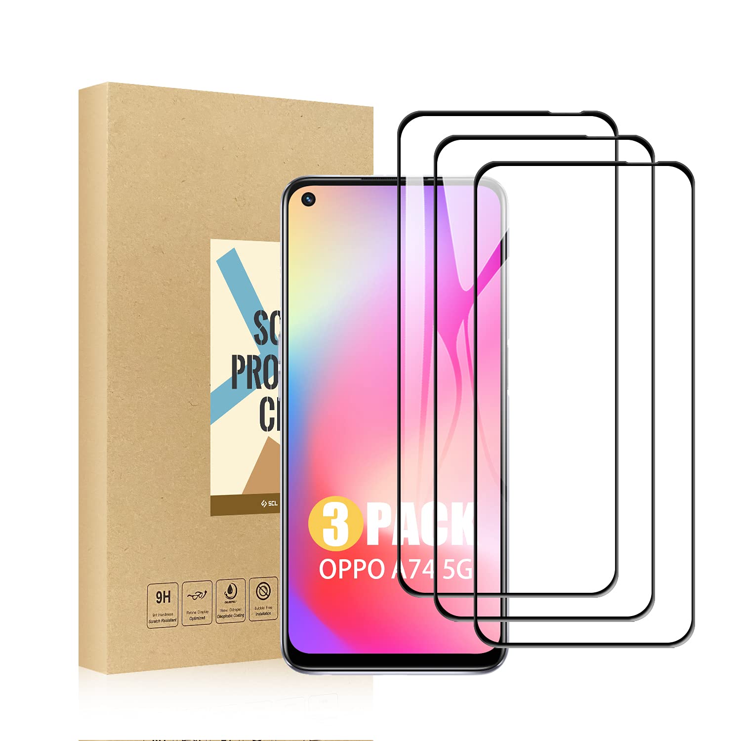 SCL Screen Protector for OPPO A74 5G, 3 Pack Full Coverage Series Tempered Glass for OPPO A74, Full Screen Protection, 9H Hardness