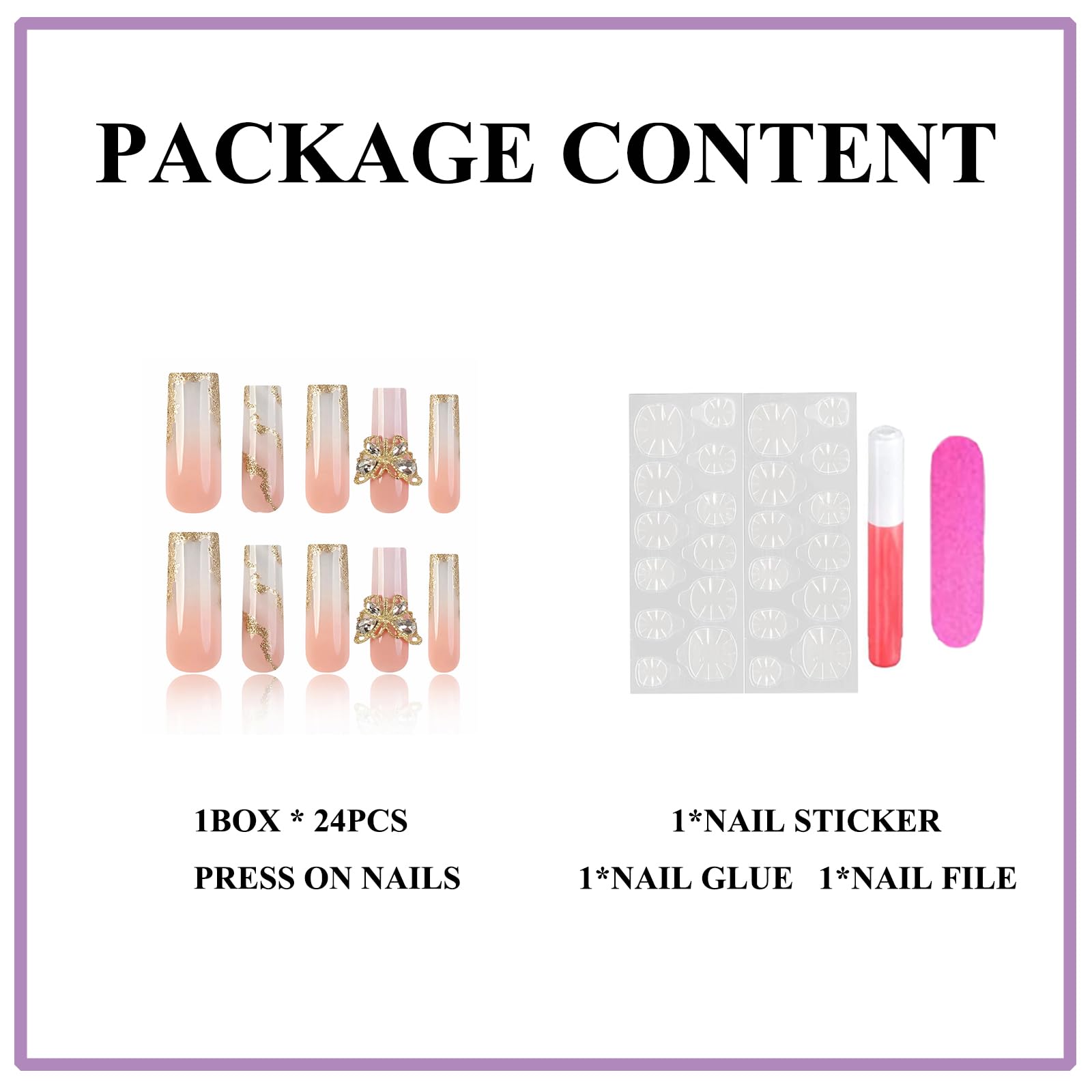 MERVF Long Square Press on Nails Gold French Tip Fake Nails with 3D Butterfly Design Press ons Glitter Swirls Squoval Glue on Nails Acrylic Nails Luxury False Nails Glossy 24pcs - Image 3