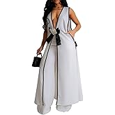 Womens Sleeveless Suit Vest Dress Wide Leg Pants Business Casual Blazer Set Multi Pockets Overalls