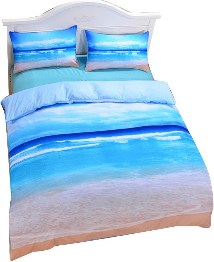 Ammybeddings 3-Piece Coastal Beach Theme Duvet Cover Sets 1Blue Ocean Print Quilt Cover and 2 Sea View Pillow Shams Full Size Soft Bedroom Bedding Collections(No Comforter&NoFitted Sheet)