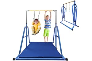 GLANT Gymnastics Bar for Kids with Rings Set, 7 Heights Adjustable Easy Folding Gymnastic Training Bar Kids Monkey Horizontal Bars - Max Load 300LBS