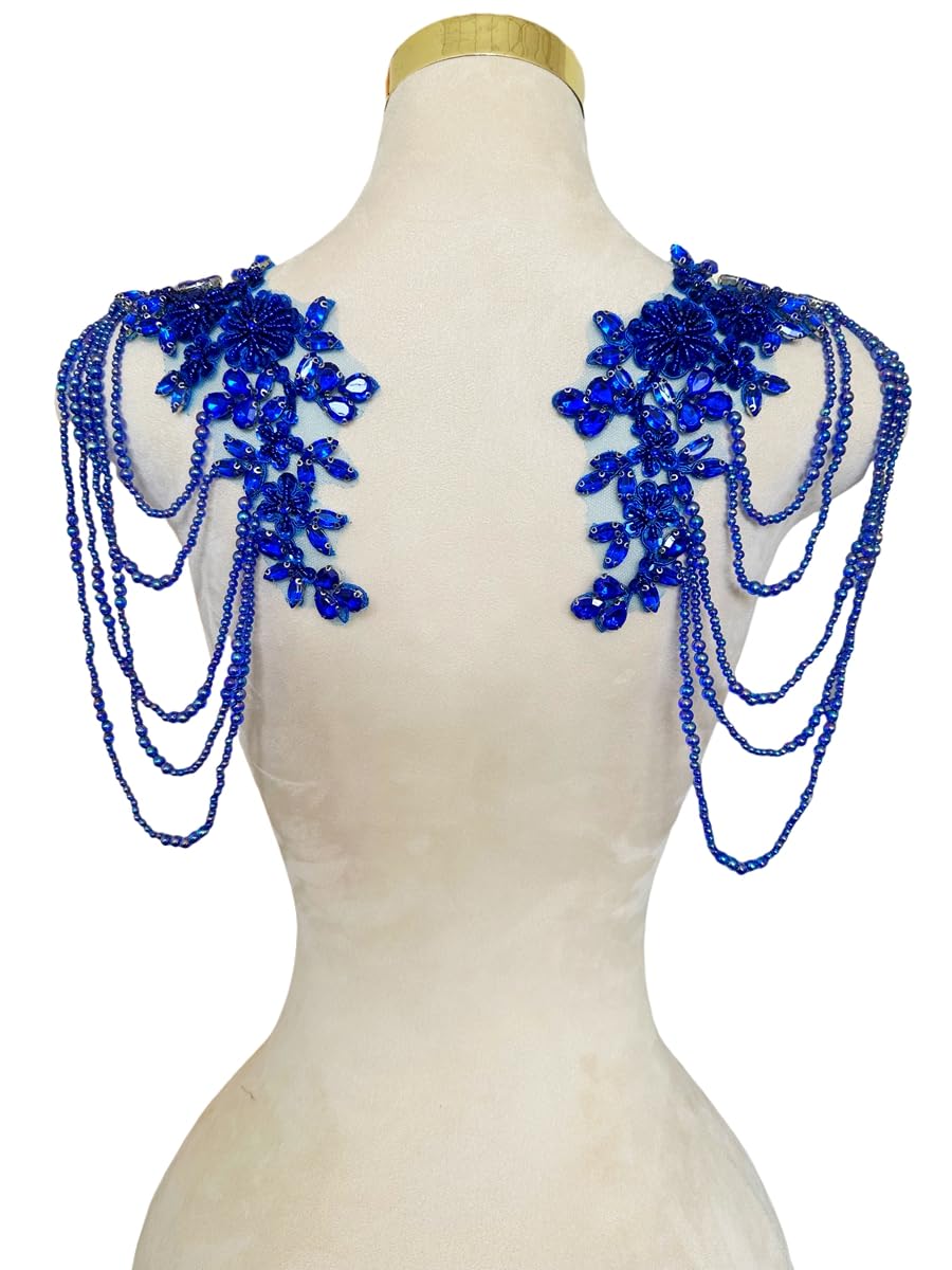Photo 1 of 1 Pair Beaded Rhinestones Applique Embellishment for Clothes Epaulettes Shoulder Patches Sew-on Diamond Sequin Tassels Applique for Wedding Dress DIY Accessories 9.8X10.2inches (Blue)