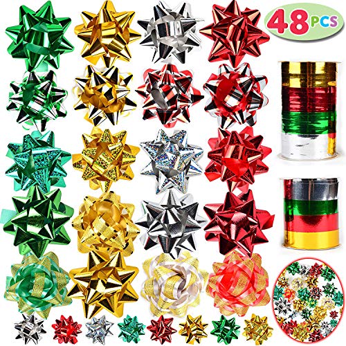 JOYIN 48 Self Adhesive Bows with 8 Rolls of Curling Ribbons for Christmas, Bows, Baskets, Wine Bottles Decoration, Gift Wrapping and Decoration Present