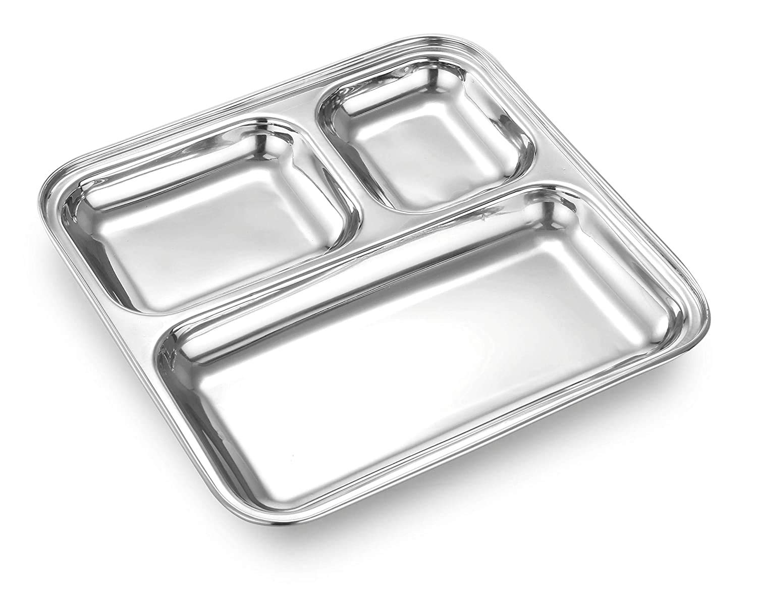 Garden Of Arts Heavy Duty Stainless Steel Square Small Dinner Plate with 3 Sections Divided Mess Trays for Kids Lunch, Camping, Events & Every Day Use Kitchenware (Set of 2)