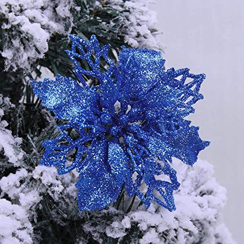 Yueshop 10 PCS Christmas Flowers Large (15CM) Poinsettia Glitter Flower Christmas Tree Hanging Party Xmas Decor(Royal Blue)