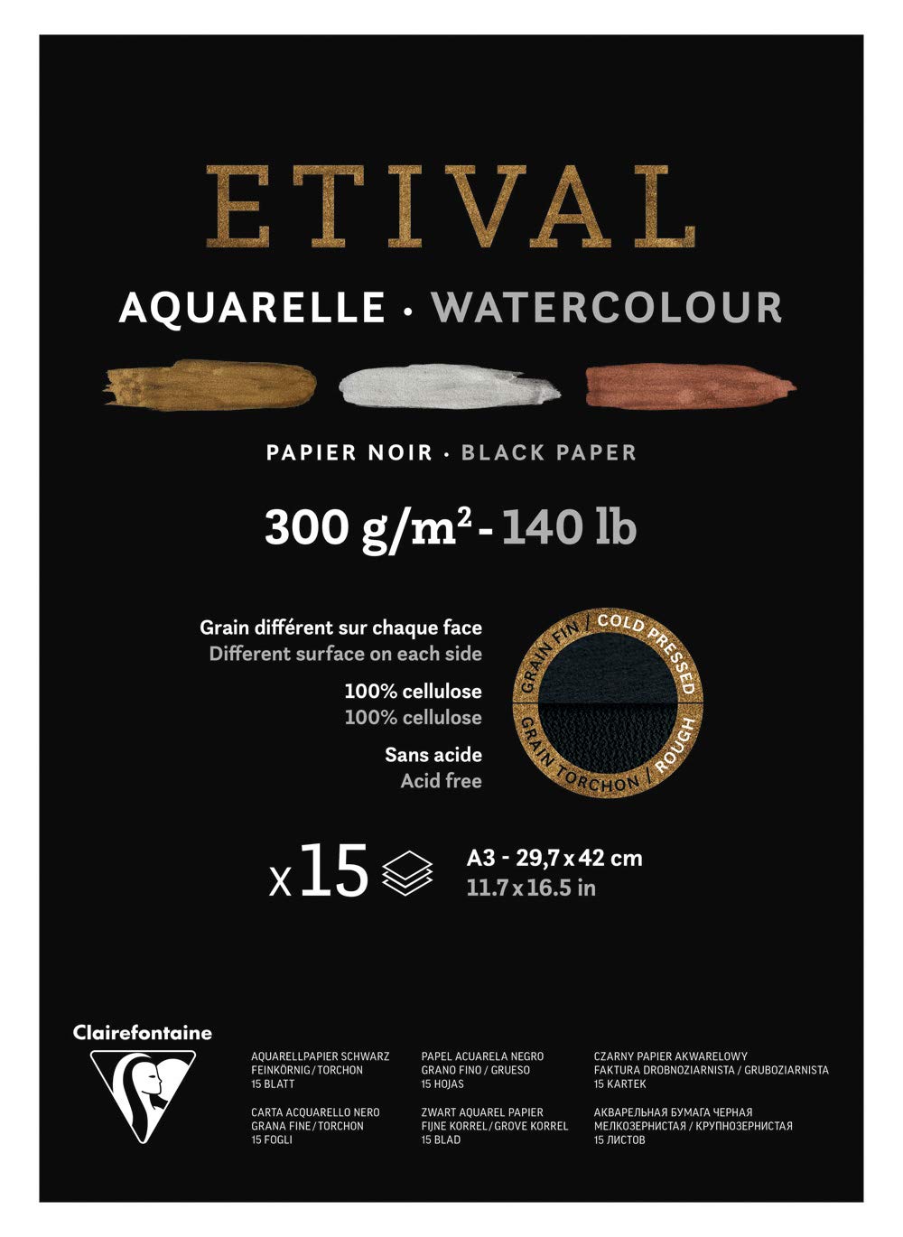 Clairefontaine - Ref 975319C - Etival Cold Pressed Black Watercolour Painting & Drawing Pad (15 Sheets of Paper) - A3 (42 x 29.7cm) - 300gsm Cellulose Art Paper