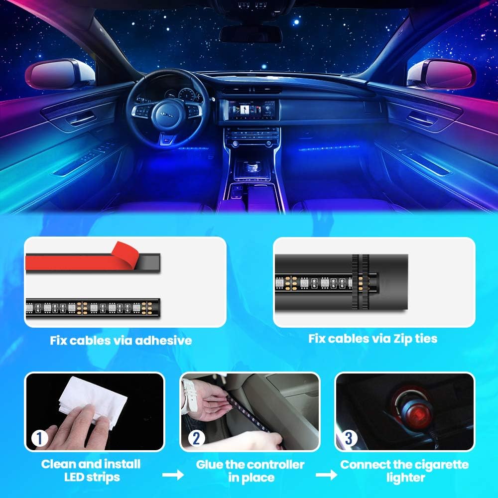 Tsumbay Interior Car Lights 4pcs 48 LED Car LED Strip Lights APP Controller IP67 Waterproof Lighting Kits with Sound Active Multi DIY Color Music with Car Charger, DC 12V - Decorations: Automotive